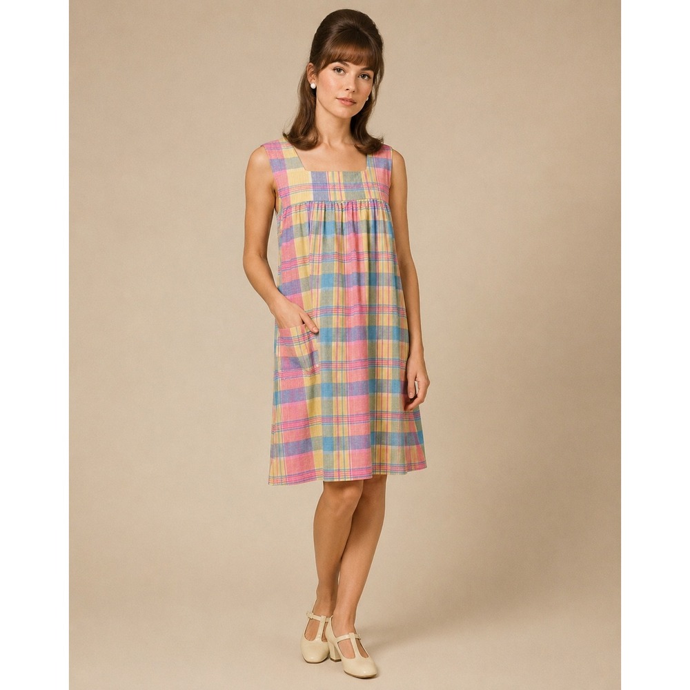 Pastel Plaid Rainbow Apron Dress Cottagecore Pinafore Retro 60s XS